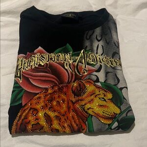 Christian Audigier Black T-Shirt with Leopard and Floral Design Las Angels